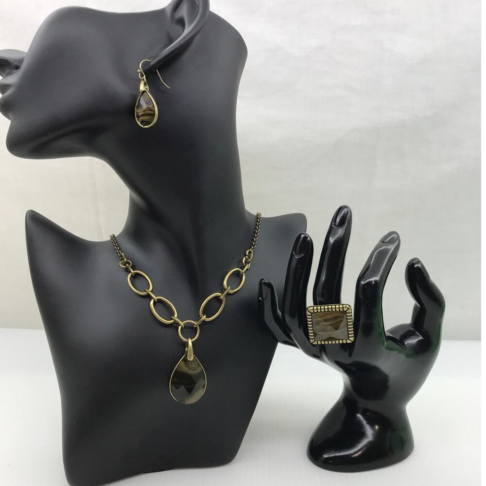 Vintage Avon Faux Tiger’s Eye Cabochon Bronze Finish Whimsigoth Jewelry Set